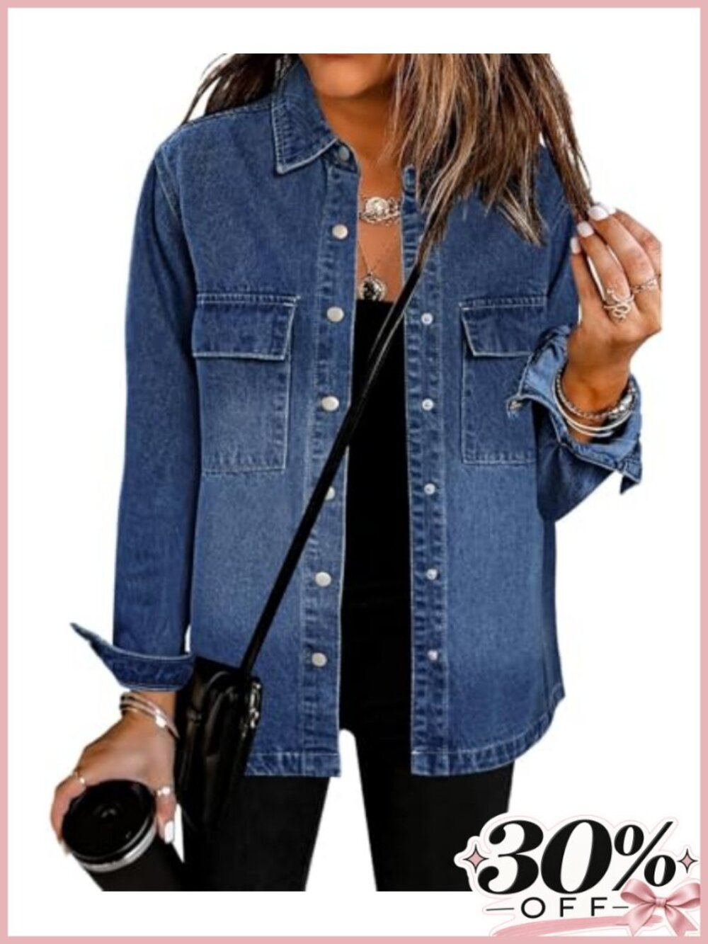 100% Cotton Oversized Button Down Denim Jacket Shacket with Pockets